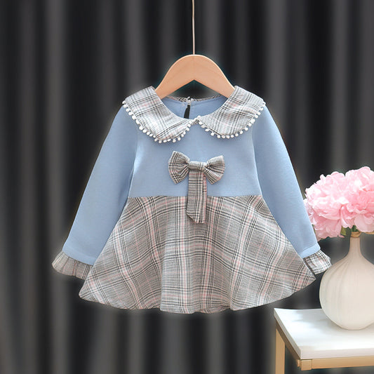 Blue Check style bow front winter frock | 1-2.5 Years