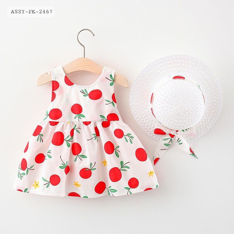 Cherry Print Soft cotton trendy frock with head cap | 9 Month to 3 Years