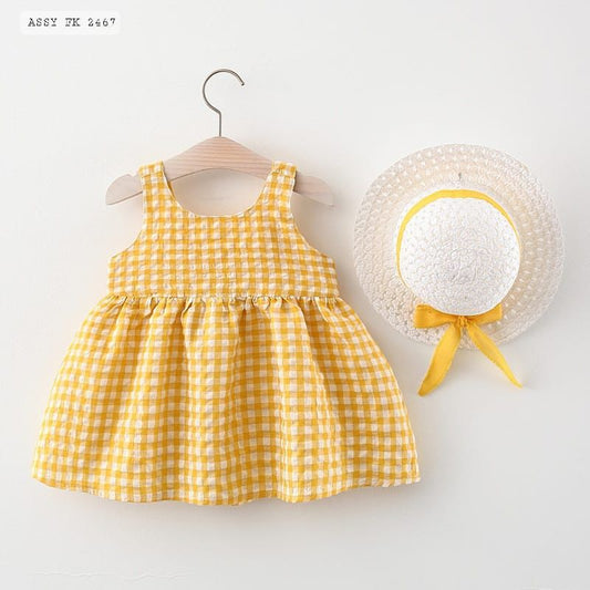 Yellow Check style Trendy frock with maatching head cap | 9 Month to 3 Years