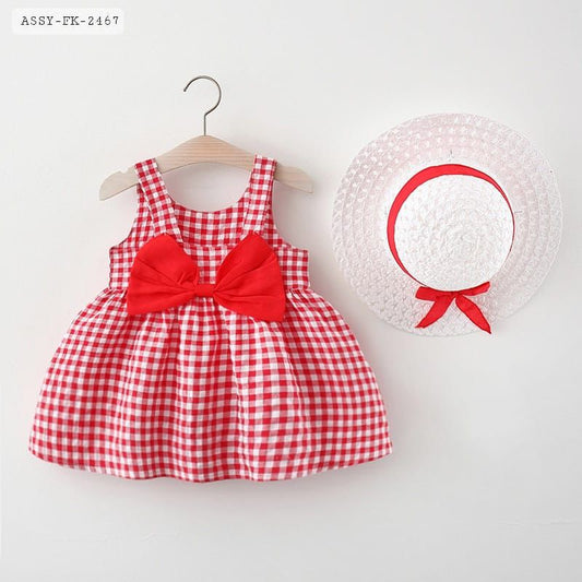 Red Check style frock including head cap | 9 Month to 3 Years